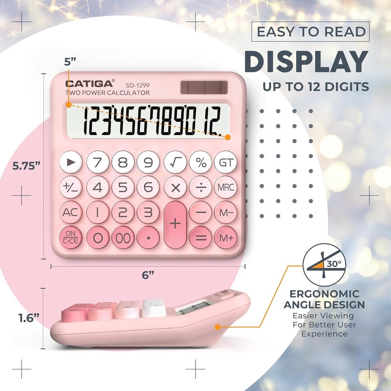 CATIGA Mechanical Switch Calculator with Solar and Battery Dual Power, 12-Digit Large LCD Display, Aesthetic and Cute Desktop Calculator with Big Button, for Home, School and Office Use, SD-1299 - Image 4